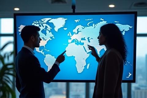Des profils professionnels consultant une carte du monde numérique affichant des données stratégiques, symbolisant les conseils en intelligence de localisation.